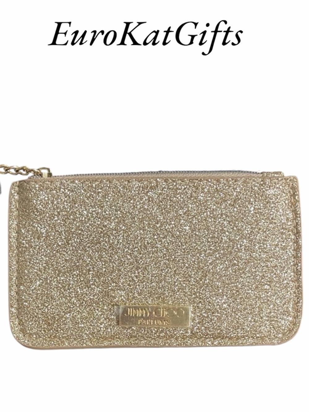 Jimmy Choo Gold Glitter Zip Card Holder Key Pouch